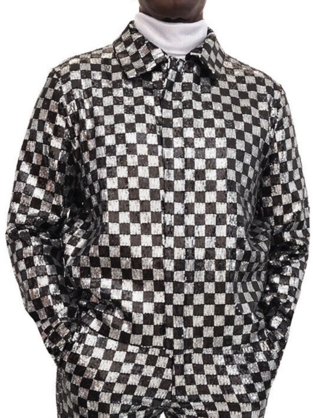 Barabas Men's Checkerboard Metallic Bomber Jacket in Black & Silver sequins